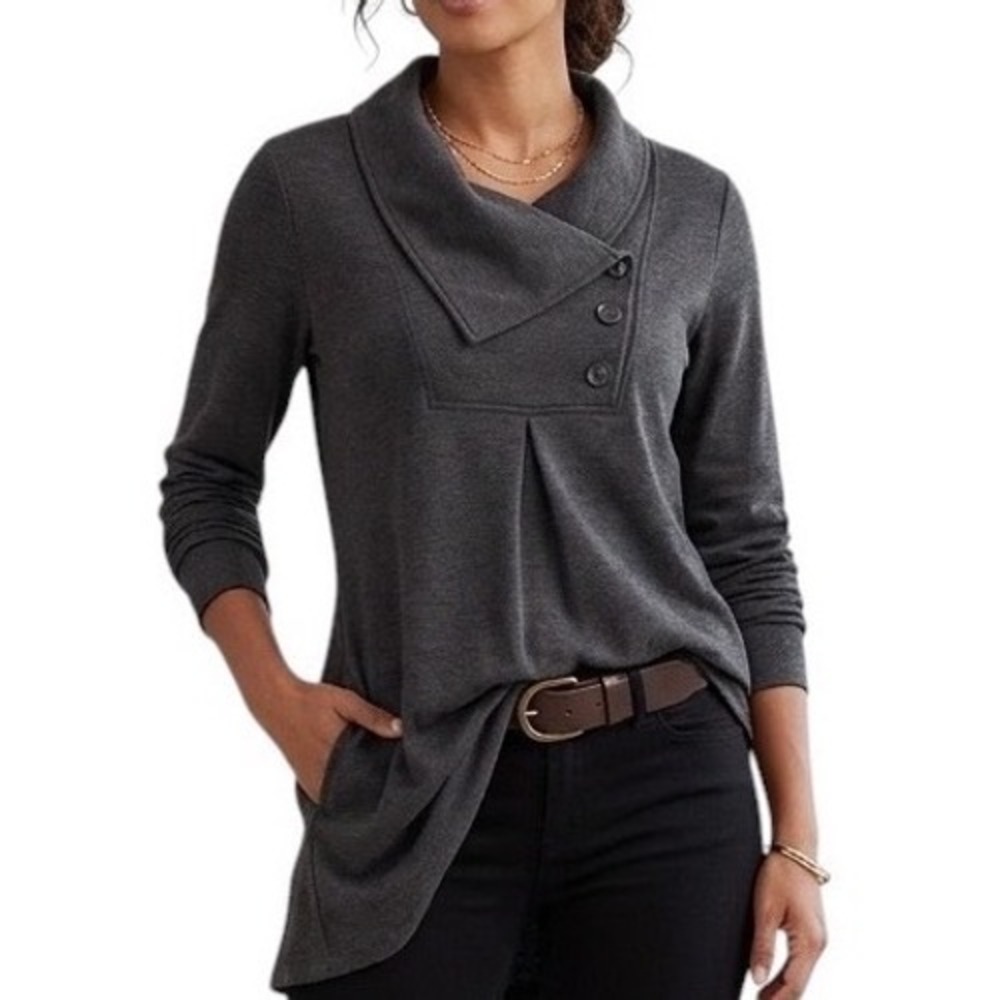 Timeson Womens Charcoal Grey Cowl Neck Button Detail Tunic Top Lagenlook Medium